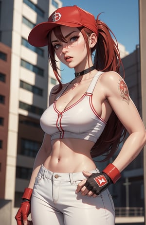 hot terry bogard girl, redhair, ponytail, red eyes, long hair, baseball cap, white crop, fingerless gloves, white jean, Detailed face, standing, scars, serious expression, tattoos, choker, looking at camera, perfect hands, beautiful face, city, perfect body, rounded breast,girl,dabuFlatMix_v10.safetensors,More Detail