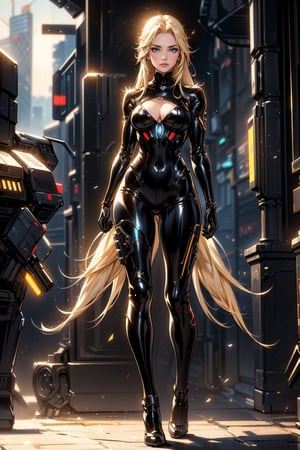 full body picture Unreal Engine 5 8K UHD of beautiful woman, blonde hair, shiny black tight futuristic special force suit, equipping futuristic weapon, cyberpunk world, beautiful make up, best quality, masterpiece
