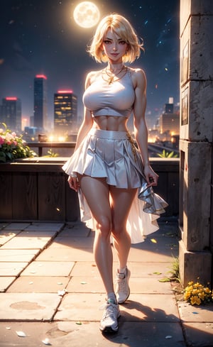 realistic, 1girl, short blond hair, golden eyes, glowing eyes, crop top,evil smile, white skirt, very muscular body, large breast, panthyhose, parted lips, blush, night, flowers, necklace, white sneakers, stocking, earring, panthyhose, walking in the rooftop, full moon, sunlight,More Detail,Enhance,