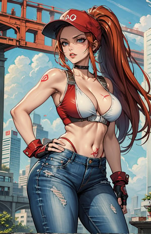 hot terry bogard girl, redhair, ponytail, red eyes, long hair, baseball cap, white crop, fingerless gloves, white jean, Detailed face, standing, scars, serious expression, tattoos, choker, looking at camera, perfect hands, beautiful face, city, perfect body, rounded breast,girl,dabuFlatMix_v10.safetensors,More Detail