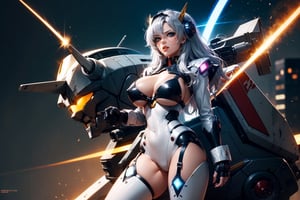 super robot wars, girl and robot, robot is silver and white, sexy girl,big_boobs,shooting lasers,ROBOTANIMESTYLE