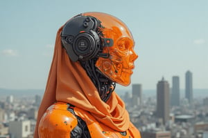 A cyber spacepunk hijabis girl wear orange transparent glass helmet armour suit Orenz style, with long hijab and pashmina. she wear mecha armour , featuring black wires and tubes on its body, in profile view. the cyberpunk in dynamic action pose style.The style is futuristic sci-fi art with elements of dark gray and light bronze, showcasing hyper-realistic details. It has an illustrative quality to it with an emphasis on the character's head being transparent. This design incorporates elements from retro-futurism and neo-porcelain style. n dynamic modeling pose, cinematic style, high resolution, high detail, high quality, high contrast, professional photography, professional lighting, precise details, futuristic city background with blue skies, masterpiece, best quality, highres, perfect artwork, best design award winner. hipster style