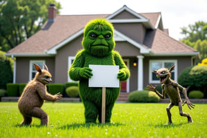 A average suburban home with a beautiful front lawn. Standing on the lawn is a Man like creature made out of grass, no facial features, just a faceless head, Grass-man, he is holding a white sign at his chest level, standing on the perfectly curated front lawn. Now a fat Weed-man creature and a skinny weed-man creature are on either side of Grass-man, bothering him.