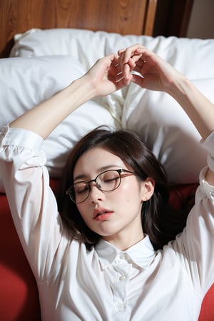 sleeping on white bed, Realistic, PUSSY, surrender, white colar shirt, NSFW, hands over head, glasses