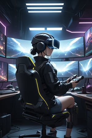 score_9, score_8_up, score_7_up, 2d, cute, insanely detailed, detailed background many monitors, girl, helmet with vr, cable connected to helmet, sitting, open leg, cyberpunk, holding game controller, sitting in a gaming chair, ,best lighting, detailed illustration, detailed background, cinematic, ,Vision Pro, head-mounted display, glowneon, glowing, sparks, lightning, 