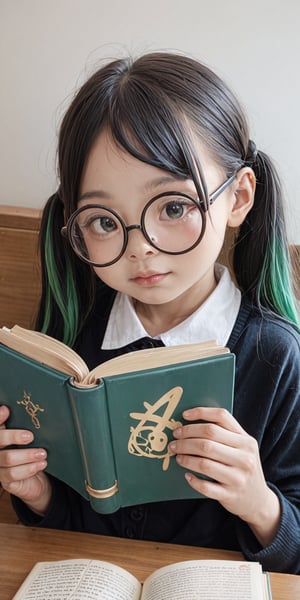 score_9, score_8_up, score_7_up, source_photo, photography, realistic Japanese girl, black green multicolored hair,  small round glasses, read a book