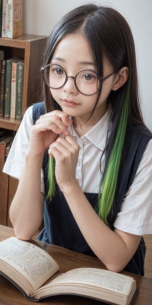 score_9, score_8_up, score_7_up, source_photo, photography, realistic Japanese girl, black green multicolored hair,  small round glasses, read a book