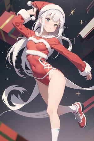 illustration of cute girl, (anime style), (flat:1.5), BREAK, 1girl, solo, (santa claus clothes),white hair, bangs bangs, full body,big breats,Looking viewer, sports gym,big breats