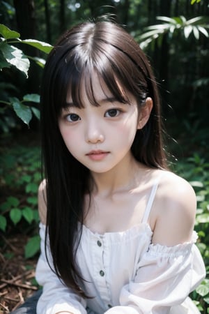 主：(Deep in the woods),(((face photo))),
人：1litte 1kid 7yo gril (Child:1.2), Korean beauty,
優：With a very high artistic composition style,Film photo texture,
體：(children's posture),
髮：(long hair),(((bangs))), 
服：Off-the-shoulder,Open collar sheer tulle,