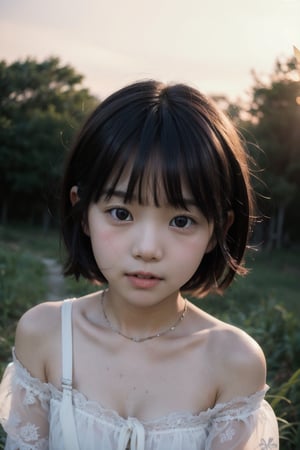 主：(Misty woods under sunset),(((face photo))),
人：1litte 1kid 7yo gril (Child:1.2), Korean beauty,
優：With a very high artistic composition style,Film photo texture,
髮：(((bangs))),(((short hair))),
服：Off-the-shoulder,Open collar sheer tulle,