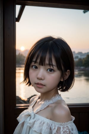 主：(Misty woods under sunset),(((face photo))),
人：1litte 1kid 7yo gril (Child:1.2), Korean beauty,
優：With a very high artistic composition style,Film photo texture,
髮：(((bangs))),(((short hair))),
服：Off-the-shoulder,Open collar sheer tulle,