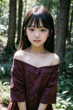 主：(Deep in the woods),(((face photo))),
人：1litte 1kid 7yo gril (Child:1.2), Korean beauty,
優：With a very high artistic composition style,Film photo texture,
體：(children's posture),
髮：(long hair),(((bangs))), 
服：Off-the-shoulder,Open collar sheer tulle,