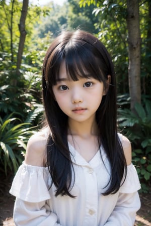 主：(Deep in the woods),(((face photo))),
人：1litte 1kid 7yo gril (Child:1.2), Korean beauty,
優：With a very high artistic composition style,Film photo texture,
髮：(long hair),(((bangs))), 
服：Off-the-shoulder,Open collar sheer tulle,