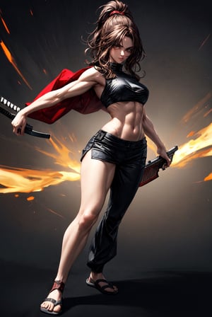 {[(8K quality image), (full body), (ultra quality image), (ultra detailed image), (perfect body), (super detailed)]}, 
Woman samurai, long black hair, reddish brown eyes, defined body, combat stance, serious face, psychedelic setting, sexy woman, xogun age