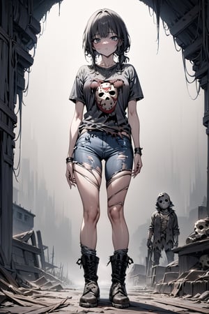 (((full body))), (4K image), (ultra quality image), (ultra detailed image), (perfect body), (Super Detailed), (masterpiece), character Jason Voorhees from the film Friday the 13th, old torn t-shirt, old torn jeans, old punk boots, dark gray hair tied up, 