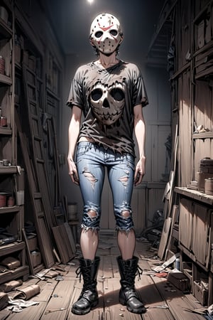 (((full body))), (4K image), (ultra quality image), (ultra detailed image), (perfect body), (Super Detailed), (masterpiece), character Jason Voorhees from the film Friday the 13th, old torn t-shirt, old torn jeans, old punk boots