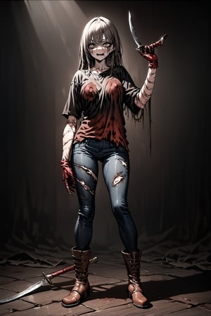 (((full body))), (((NSFW))), (4K image), (ultra quality image), (ultra detailed image), (perfect body), (Super Detailed), character Freddy Krueger from the movie Nightmare on Elm Street female version, glove on the right hand with blades for each finger, red and black long-sleeved t-shirt, black jeans, old boots, body with burn scars, horror and terror theme,