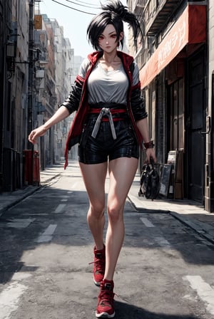 {[(8K quality image), (full body), (ultra quality image), (ultra detailed image), (perfect body), (super detailed)]}, 
character tifa lockhart, game final fantasy 7, oriental, japanese, body in good shape, run in street, long black hair, red eyes, 