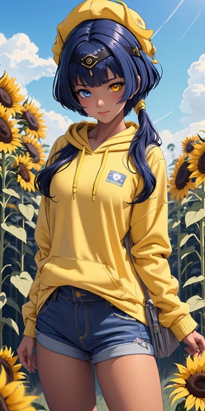 (masterpiece), best quality, ultra-detailed, illustration, (kawaii style), pastel colors, kawaii, cute colors, , 1girl, candacernd, ,heterochromia, dark-skinned female, yellow eyes, blue eyes, tan skin, blue hair, (alternate costume), regular outfit, baggy hoodie, yellow hoodie, sunflower, sunflower fiels, blue sky,candacedef, naked woman in sexy pose