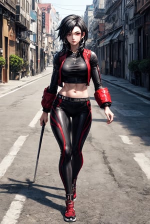 {[(8K quality image), (full body), (ultra quality image), (ultra detailed image), (perfect body), (super detailed)]}, 
character tifa lockhart, game final fantasy 7, oriental, japanese, body in good shape, run in street, long black hair, red eyes,