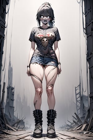 (((full body))), (4K image), (ultra quality image), (ultra detailed image), (perfect body), (Super Detailed), (masterpiece), character Jason Voorhees from the film Friday the 13th, old torn t-shirt, old torn jeans, old punk boots, dark gray hair tied up,  2 meters tall, strong body, bust size 50,