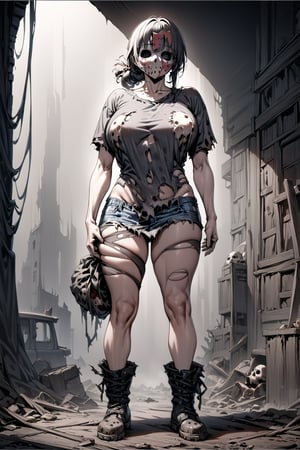 (((full body))), (4K image), (ultra quality image), (ultra detailed image), (perfect body), (Super Detailed), (masterpiece), character Jason Voorhees from the film Friday the 13th, old torn t-shirt, old torn jeans, old punk boots, dark gray hair tied up,  2 meters tall, strong body, bust size 50, horror and terror theme,