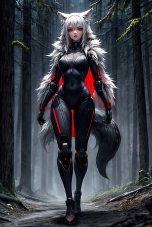 {[(8K quality image), (full body), (ultra quality image), (ultra detailed image), (perfect body), (super detailed)]}, 
demi-human woman, wolf ears, wolf tail,
wild, in the middle of the forest, gray fur, red eyes,
gray waist-length hair, claws, hunting, fangs showing, cybenetic, style cyberpunk, robot