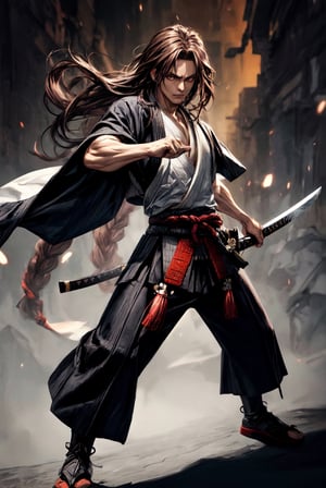 {[(8K quality image), (full body), (ultra quality image), (ultra detailed image), (perfect body), (super detailed)]}, 
samurai, long black hair, reddish brown eyes, defined body, combat stance, serious face, psychedelic setting,