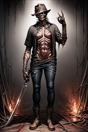 (((full body))), (((NSFW))), (4K image), (ultra quality image), (ultra detailed image), (perfect body), (Super Detailed), character Freddy Krueger from the movie Nightmare on Elm Street, glove on the right hand with blades for each finger, red and black long-sleeved t-shirt, black jeans, old boots, body with burn scars, horror and terror theme,