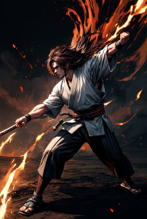 {[(8K quality image), (full body), (ultra quality image), (ultra detailed image), (perfect body), (super detailed)]}, 
samurai, long black hair, reddish brown eyes, defined body, combat stance, serious face, psychedelic setting,