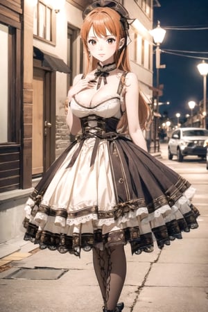 a beautiful woman in a dress, big boobs, hughly detailed, perfect anatomy ,ahg, sfw,NamiOP, full body shot, orange hair
,flrl frock, white dress, lolita fashion, lace,white dress, thigh high, corset, cross-laced clothes,aqua dress, street photography, full body, night time, lights, depth_of_field ,lolita fashion