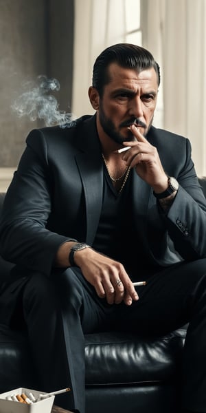 Raw realistic Handsome dangerous mafia man in hand cigarettes sitting on sofa with attitude  ((((realistic)))) cinematic 