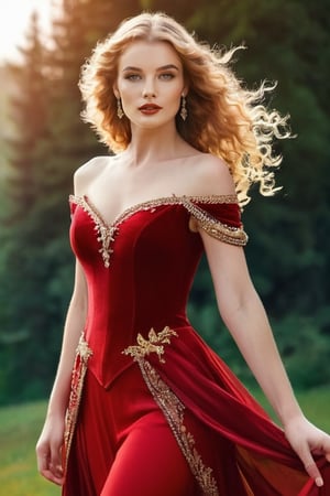 Beautiful princes in red dress golden curly long hair realistic cinematic 