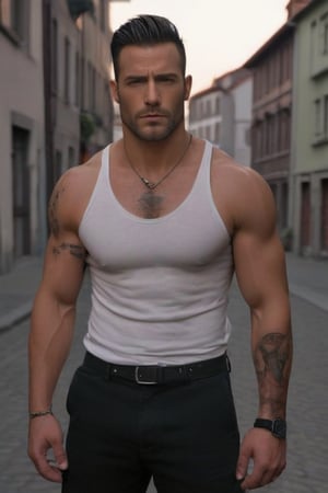 Raw realistic .A dangerous (((((((((((((handsome))))))))))))))  german serious  look on face without shirt tatto on right muscle looking at camera with (((((attitude))))) background abbandon city evening time .. ((((((realistic)))))) cinematic.