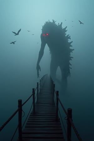 extremely realistic black wooden and rope path way high over a canyan into heavy fog with extremelyrealistic tall monster red eyes faintly ,very dark skies,myserious aura,elevated high in the air,red eyes in the fog,realistic black ravens flying