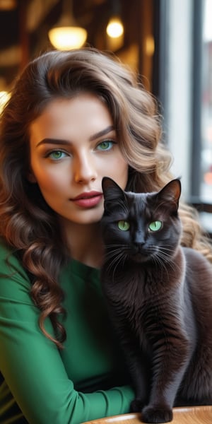 Raw realistic a brown headed long curly hair beautiful women with green eyes long dark lashesh perfect nose perfect lips bigg boos and bigg ass  sit in a caffe near a cat looking at her