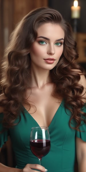 Raw realistic a brown headed long curly hair beautiful women with green eyes long dark lashesh perfect nose perfect lips bigg boos and bigg ass . wearing black long maxy holding wine glass in hand (((((((realistic)))))))