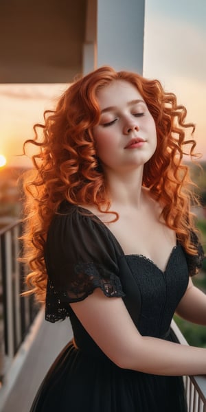 (((Raw realistic))) a red headed curly long hair cute girl in black dress standing on balcony background sunset .close eyes she feel the opposite side air flow wearing a crown realistic  chubby cute girl princess