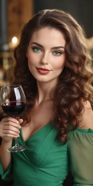 Raw realistic a brown headed long curly hair beautiful women with green eyes long dark lashesh perfect nose perfect lips bigg boos and bigg ass . In redd maxy holding wine glass in hand (((((((realistic)))))))