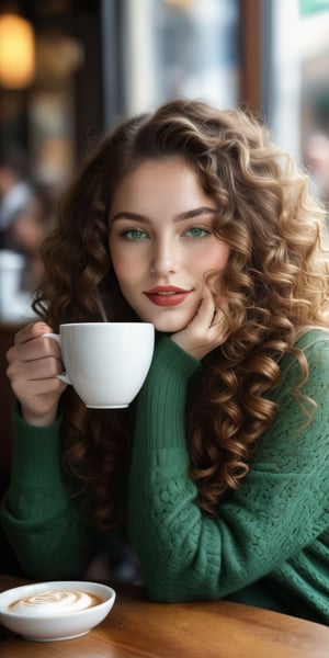 Raw realistic a brown headed long curly hair beautiful women with green eyes long dark lashesh perfect nose perfect lips bigg boos and bigg ass  . drinking coffee at a caffe (((((((realistic)))))))