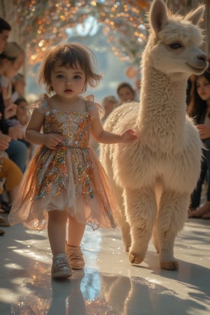 "Create a whimsical and heartwarming scene of a small 2 year old chubby blue bg eyes long lashes pink cheeks and pink lips girl walking hand-in-hand with a fluffy white alpaca on a glossy, reflective runway. The girl is dressed in a sparkling, sequined golden dress that catches the light, creating a soft glow around her. Her expression is joyful and innocent as she confidently walks beside the alpaca, which is equally charming with its soft, woolly fur. The runway reflects their figures, doubling the enchantment of the moment. In the background, soft bokeh lights in golden and white hues create a magical atmosphere, with spectators blurred into the background, keeping the focus entirely on the girl and her alpaca. The overall lighting is warm, highlighting the shimmering details of the dress and adding a dreamy, fairy-tale-like quality to the scene."
