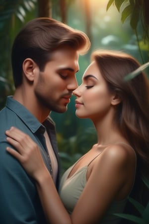 a cute handsome couple in romantic pose close eyes close up face in Lovely pose in jungle evening time cinematic realistic high-quality picture 
