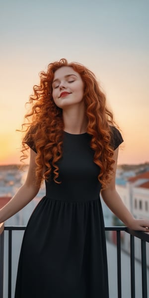 (((Raw realistic))) a red headed curly long hair cute girl in black dress standing on balcony background sunset .close eyes she feel the opposite side air flow wearing a crown realistic  chubby cute girl princess