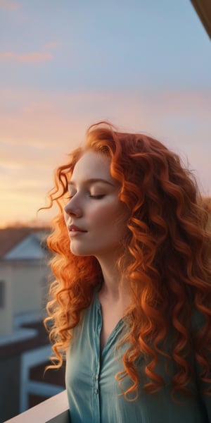 (((Raw realistic))) a red headed curly long hair cute girl standing on balcony background sunset .close eyes she feel the opposite side air flow wearing a crown realistic 