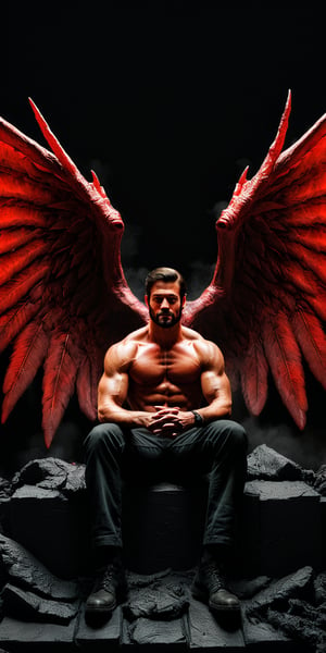 Raw realistic (((((((Handsome))))))) with big devil wings  man sitting  in hell 