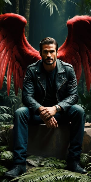 Raw realistic (((((((Handsome))))))) with big devil wings  man sitting  jungle 