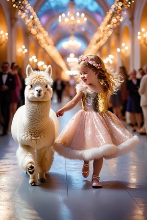 "Create a whimsical and heartwarming scene of a small 2 year old chubby blue bg eyes long lashes pink cheeks and pink lips girl walking hand-in-hand with a fluffy white alpaca on a glossy, reflective runway. The girl is dressed in a sparkling, sequined golden dress that catches the light, creating a soft glow around her. Her expression is joyful and innocent as she confidently walks beside the alpaca, which is equally charming with its soft, woolly fur. The runway reflects their figures, doubling the enchantment of the moment. In the background, soft bokeh lights in golden and white hues create a magical atmosphere, with spectators blurred into the background, keeping the focus entirely on the girl and her alpaca. The overall lighting is warm, highlighting the shimmering details of the dress and adding a dreamy, fairy-tale-like quality to the scene."
