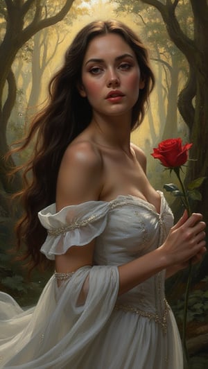 Oil painting style. A majestic of beautiful woman, spotlighting the ornate details of her white attire, holding  a red rose radiates confidence amidst an enchanted forest bathed in soft golden light. Her striking features, including long hair flowing like moonlit rivulets, command attention as towering trees loom in the background, their twisted branches weaving a hypnotic dance of twigs and leaves. oil painting