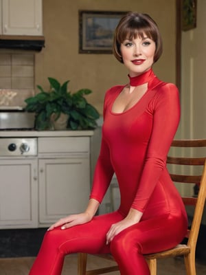 Woman wearing no neck red spandex unitard, short brown hair, bangs, barefoot, sitting on a chair, house