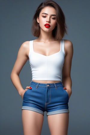 beautiful women, realistic, high resolution, red lipstick, sharp nose, eye brow trimmed, glittering skin, mouth closed, shorts